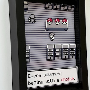 Può includere: Una scena di pixel art incorniciata in una cornice nera. L'opera raffigura una scena di videogioco con un personaggio, oggetti e il testo "Every journey begins with a choice."