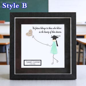 Puede incluir: Obra de arte enmarcada en negro con un tema de graduación. La obra de arte incluye un dibujo de un graduado sosteniendo un corazón brillante, con la cita "El futuro pertenece a aquellos que creen en la belleza de sus sueños". También se muestra el nombre "Sarah Conner" y el año "2026".