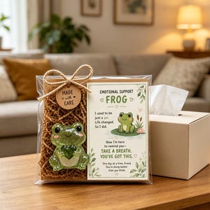 May include: A clear plastic gift bag containing a small green glass frog figurine holding a dark green heart, and a card with the text Emotional Support Frog, I used to be just a jar, Life changed, So I did, Take a breath, You've got this.