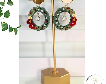 Handmade Floral Wreath Dangle Earrings, Polymer Clay, Gold Stud
