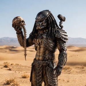 Könnte beinhalten: Ein Ganzkörperkostüm einer Kreatur mit einem metallischen, dunkel getönten Helm, langen schwarzen Dreadlocks und einer komplexen silberfarbenen Rüstung. Die Figur hält einen menschlichen Schädel an einer Wirbelsäule in der rechten Hand und trägt eine Waffe.