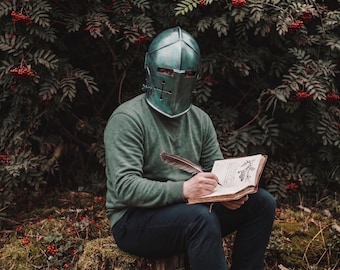 Casco antiguo de barbuta verde: armadura de caballero medieval de acero de calibre 18 (LARP Cosplay)
