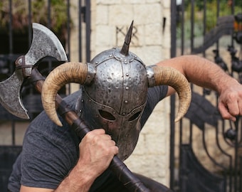 Steel Horned Helmet – Medieval Knight Armor, Viking Warrior Cosplay Prop