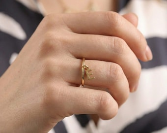 Custom Initial Dangle Ring – Personalized Letter Charm, Gold Stacking Ring