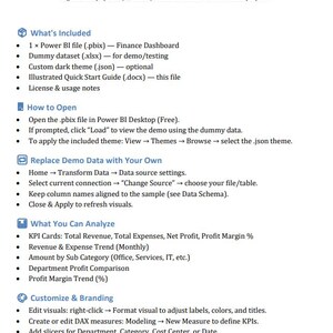 May include: A white document titled "Power BI Finance Dashboard - Quick Start Guide." The guide includes sections on what's included, how to open, replacing demo data, what can be analyzed, and customization options. The document is for demonstration purposes.
