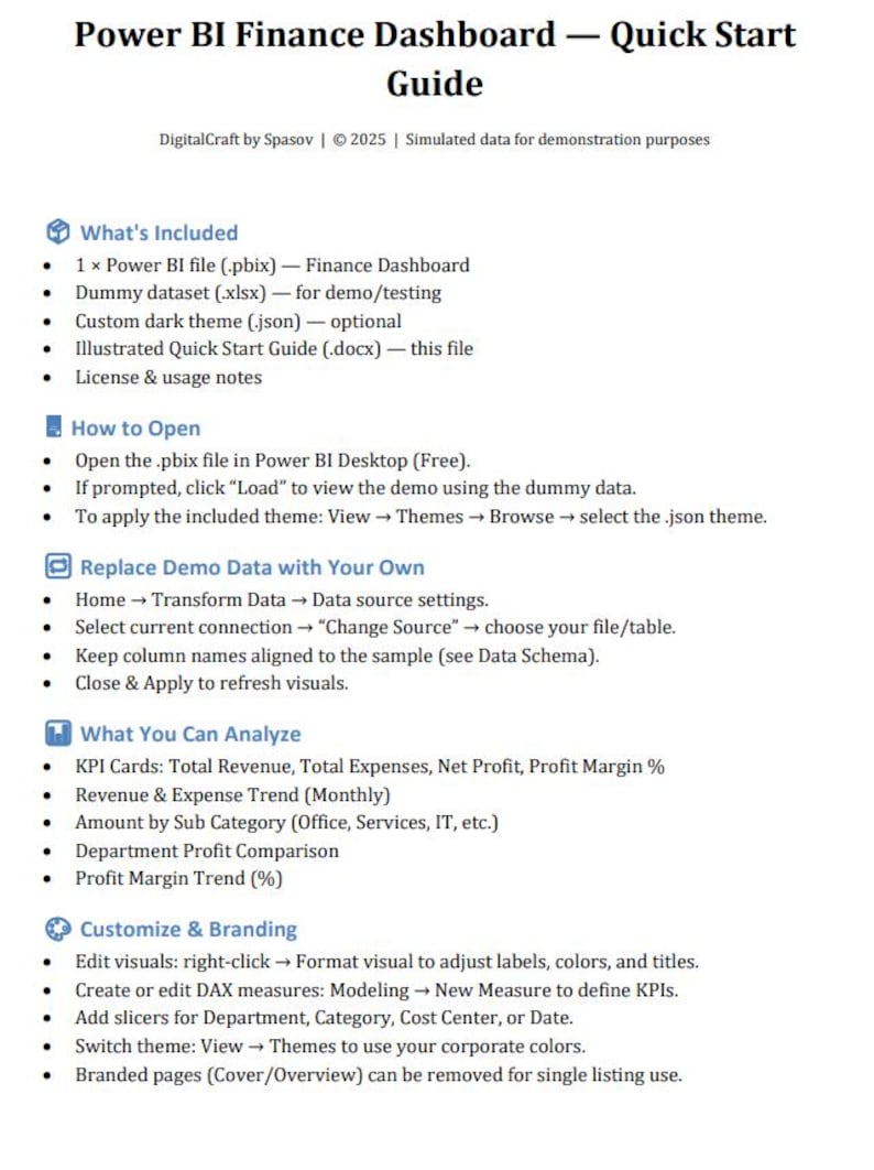May include: A white document titled "Power BI Finance Dashboard - Quick Start Guide." The guide includes sections on what's included, how to open, replacing demo data, what can be analyzed, and customization options. The document is for demonstration purposes.