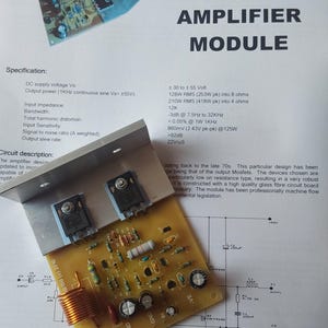 May include: EBB 150 MOSFET Amplifier Module, featuring a circuit board with electronic components. The image includes specifications such as voltage, power output, and bandwidth. The text also includes a circuit description.