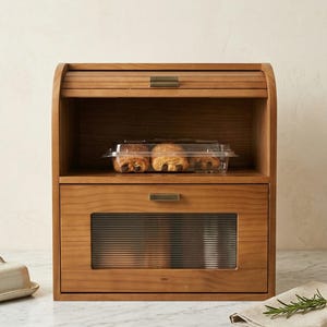 Double Layer Wooden Bread Box With Roll Top | Bread Box Countertop | Farmhouse Bread Bin | Food Storage | Bread Bin | Housewarming Gift