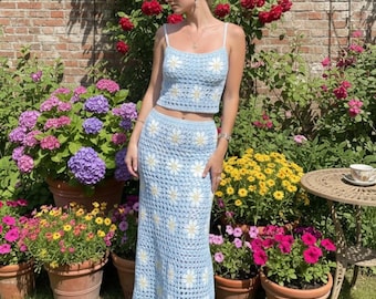 Patrón PDF de falda de crochet con margaritas, patrón de top corto y falda larga con estampado floral de abuela, tutorial de conjunto de verano