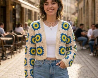 Patrón de cárdigan de crochet cuadrado de abuela / Patrón de suéter de crochet floral retro / Patrón de cárdigan de patchwork bohemio / Patrón de crochet en PDF