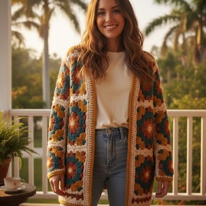 May include: A colorful, open-front crochet cardigan with a floral pattern in shades of mustard yellow, teal, and rust. The cardigan is worn over a white top and blue jeans. The crochet design features a repeating square motif.
