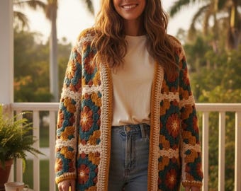 Patrón de crochet para cárdigan cuadrado de abuela / Chaqueta de crochet con flores retro / Patrón de suéter de patchwork bohemio / PDF para principiantes