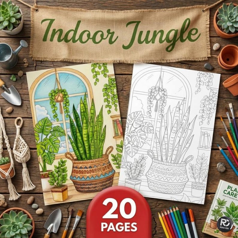 Kamerplanten voor binnen Jungle Kleurplaten Kleurboek voor volwassenen Afdrukbare potplant zeer fijne tekeningen Digitale download pdf, png stedelijk groen afbeelding 1