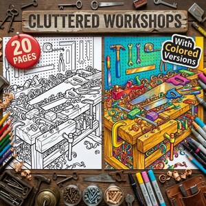 Pode incluir: Um livro de colorir intitulado Cluttered Workshops com 20 páginas de arte linear e versões coloridas de uma bancada com ferramentas, incluindo serras, grampos e aparas de madeira. A capa exibe um emblema vermelho 20 Pages e um adesivo.