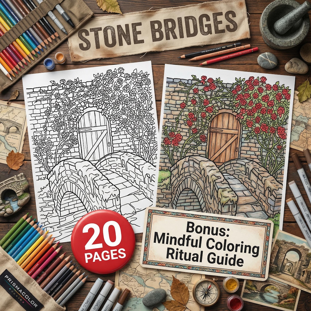 Stone Pattern Coloring Pages Stone Bridges Coloring Pages for Adults, Relaxing Architecture Art PDF ...