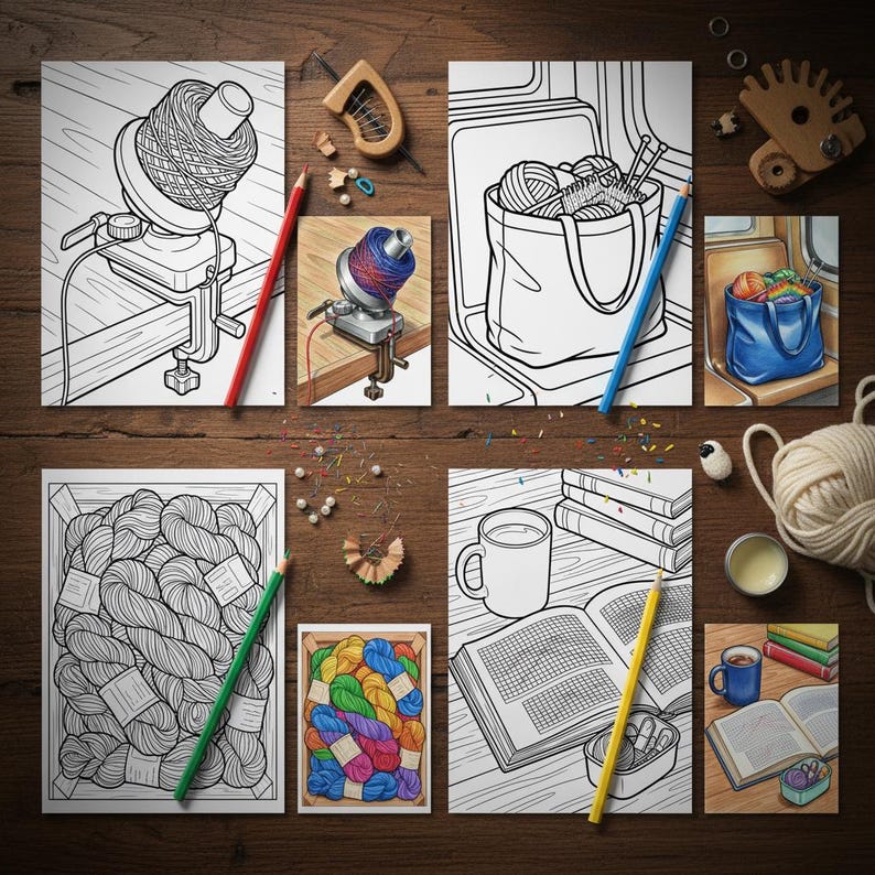 Knitting & Yarn Stash Coloring Pages for Adults, Cozy Craft Supplies ...