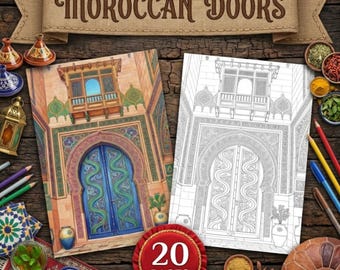 20 Marokkaanse deur kleurplaten islamitische kunst volwassen kleurboek afdrukbaar geometrisch patroon lijntekeningen digitale download Arabische architectuur