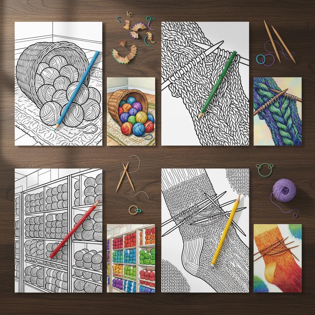 Knitting & Yarn Stash Coloring Pages for Adults, Cozy Craft Supplies ...
