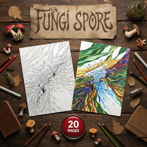 Puede incluir: Dos impresiones artísticas, una en blanco y negro, la otra colorida, con temática de la naturaleza, se exhiben sobre una superficie de madera. Las impresiones van acompañadas de lápices de colores, un cuaderno y figuritas decorativas de setas. El texto "FUNGI SPORE" es visible.