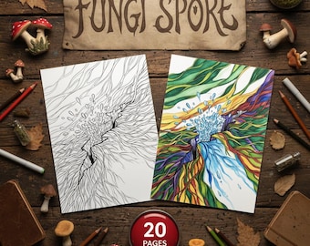 Fungi Spore coloring pages | Abstract Mycological Prints | Detailed line drawing sheets | Adult download