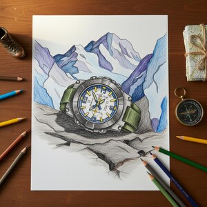 Puede incluir: Dibujo a lápiz detallado de un reloj plateado con correa verde, sobre un fondo de montañas nevadas. La esfera del reloj es blanca con detalles azules y amarillos. Lápices de colores y una brújula están dispersos.