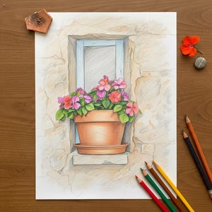 Può includere: Disegno a matita colorata di un vaso di fiori in terracotta pieno di fiori rosa e viola e foglie verdi, posto in una finestra. La finestra è inserita in un muro di pietra. Matite colorate e un piccolo vaso di terracotta sulla superficie di legno.