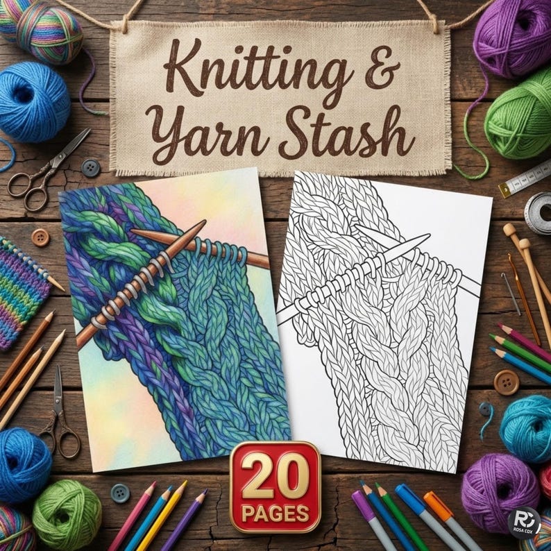 Knitting & Yarn Stash Coloring Pages for Adults, Cozy Craft Supplies ...