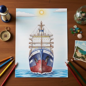 Puede incluir: Dibujo a lápiz de color de un gran carguero navegando sobre agua azul bajo un cielo soleado. El barco es rojo, blanco y azul. Una brújula, un faro y lápices de colores están sobre la superficie de madera.