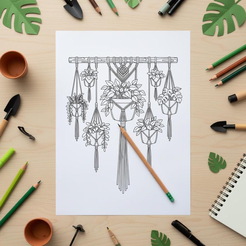 Op de afbeelding: Zwart-wit lijntekening van hangende plantenbakken met planten, op een wit vel papier. Een houten potlood ligt op het papier. De afbeelding is omgeven door potloden, kleine tuingereedschappen en decoratieve bladeren.