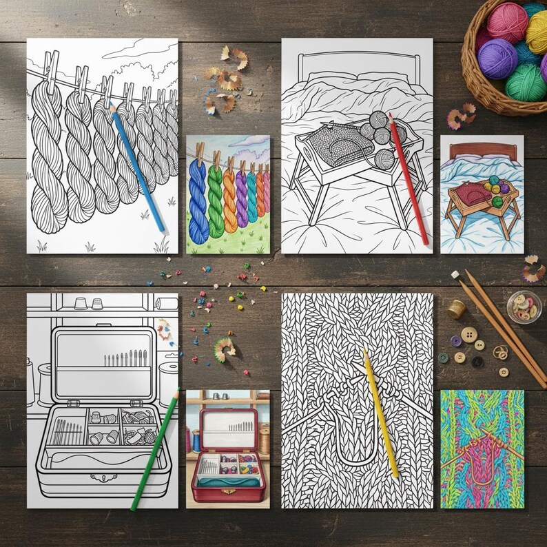 Knitting & Yarn Stash Coloring Pages for Adults, Cozy Craft Supplies ...