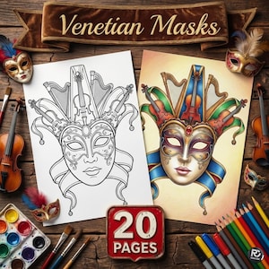 Venetian Masks Coloring Pages for Adults - 20 Detailed Carnival Designs, Masquerade Art Collection, Printable Sheets