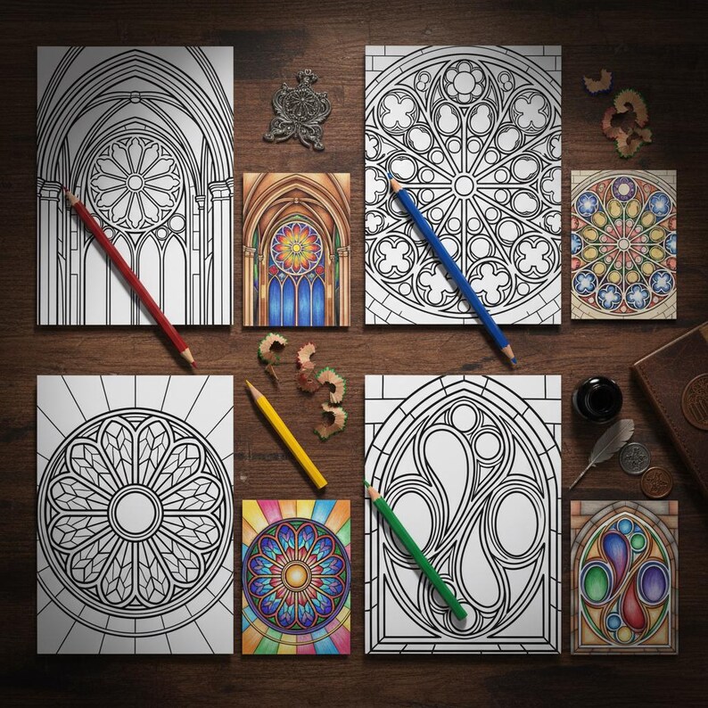 Gothic Rose Windows Coloring Pages for Adults, Digital Download, 20 ...