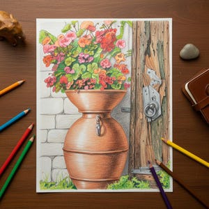 Può includere: Disegno a matita colorata dettagliato di un vaso color rame traboccante di fiori vibranti. Il vaso è posto di fronte a una porta di legno usurata e a un muro di mattoni bianchi. Matite colorate sparse intorno all'opera.