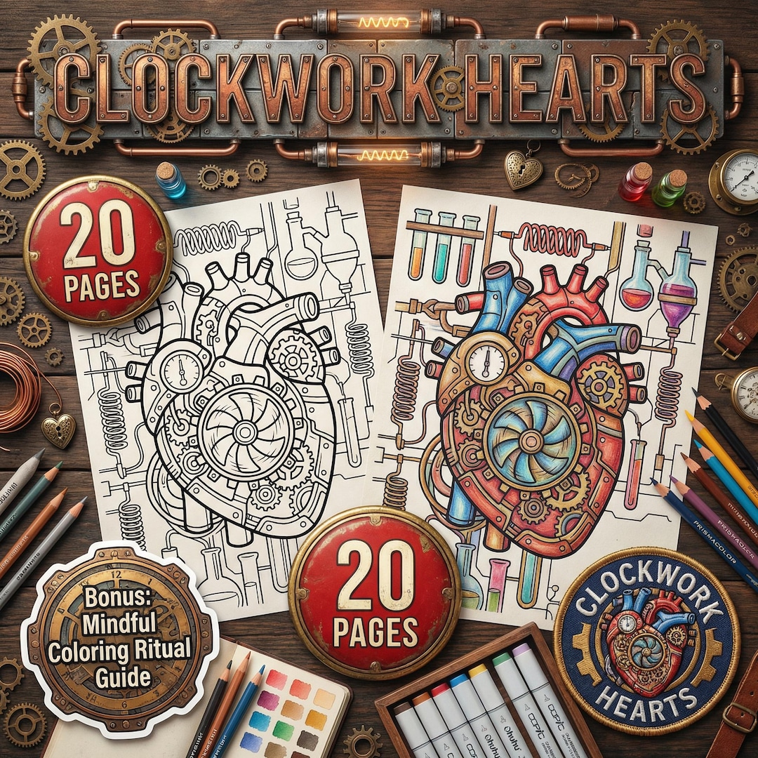 Clockwork Hearts Coloring Pages for Adults, Steampunk Love Mandalas ...