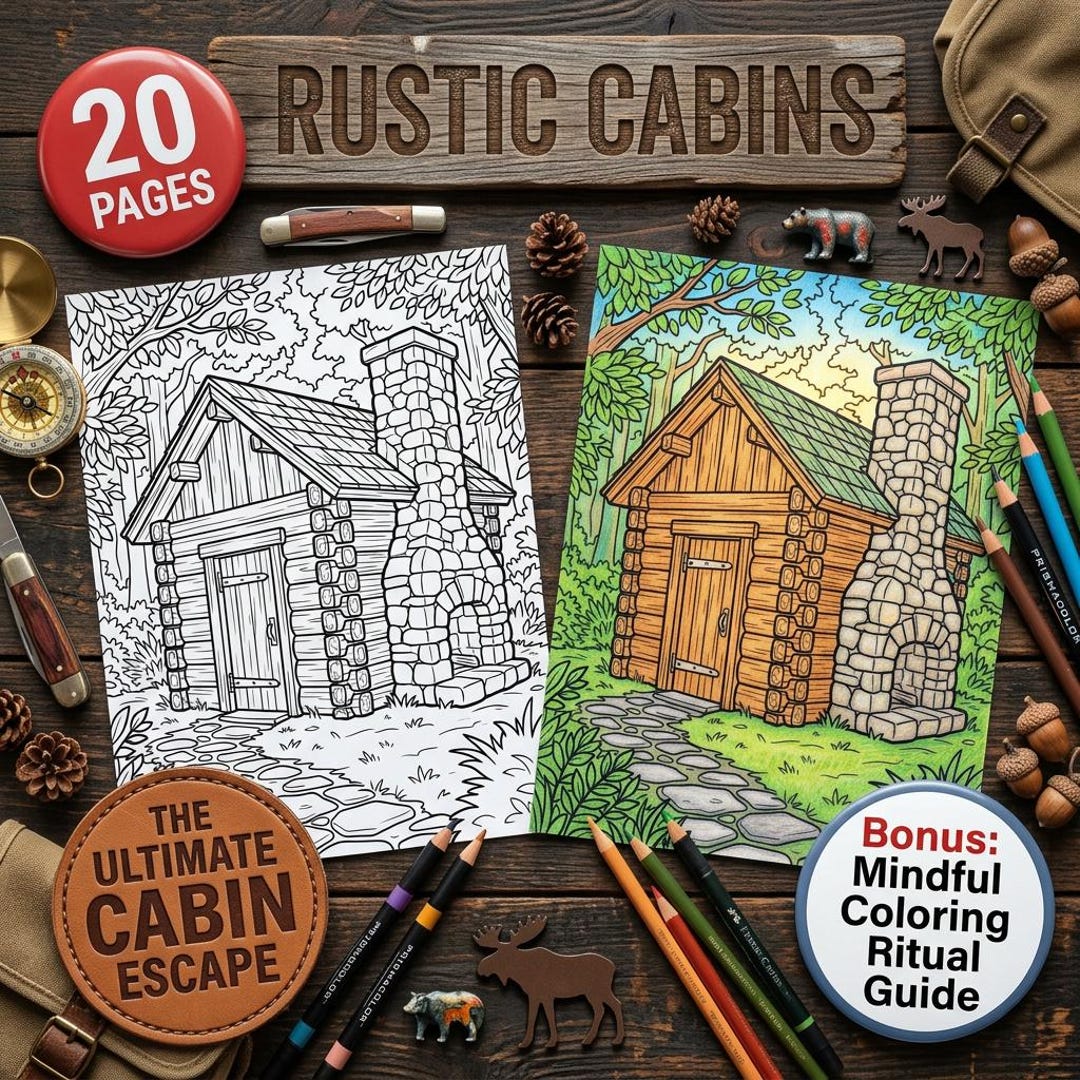 Rustic Cabins Coloring Pages for Adults, 20 Printable Cabin Scenes A4 ...