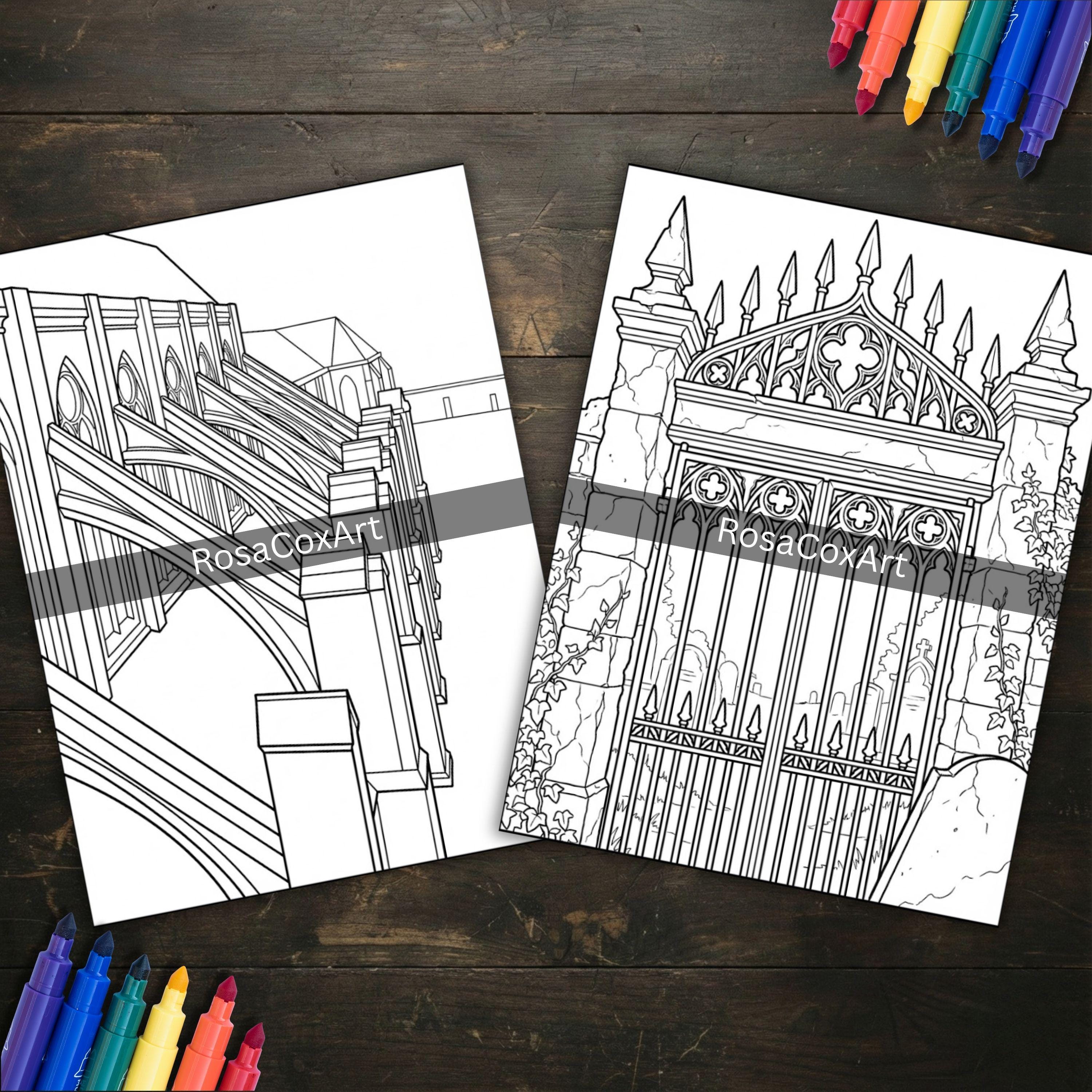 Gothic Architecture Coloring Pages Printable Cathedral Arches Gargoyles ...
