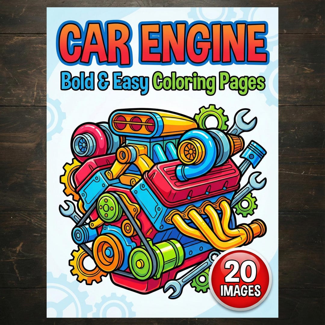 Car Engine Bold & Easy | 20 Thick Outline Coloring Sheets | Simple ...