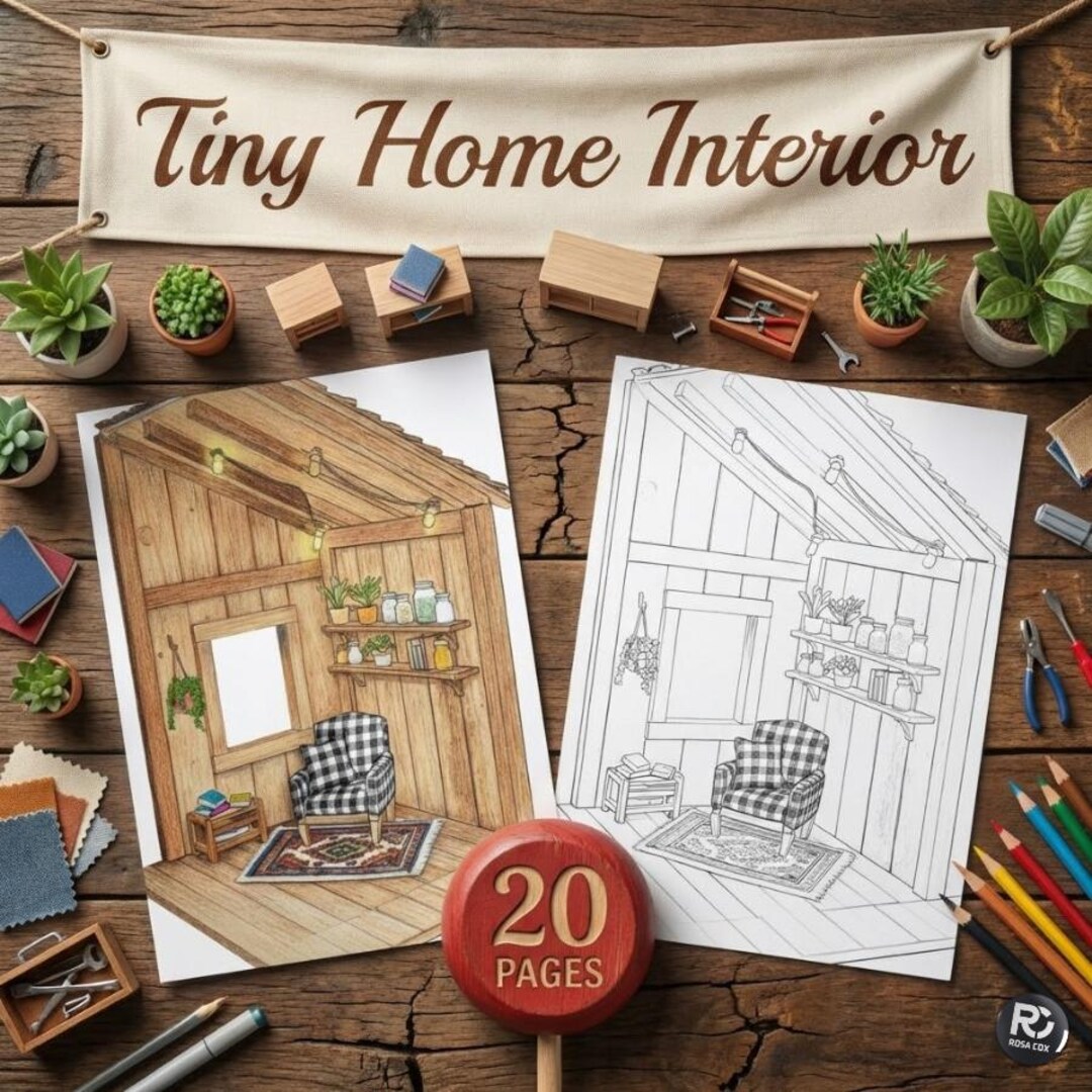 Tiny Home Interior Coloring | 20 Page Bundle - Instant Download ...