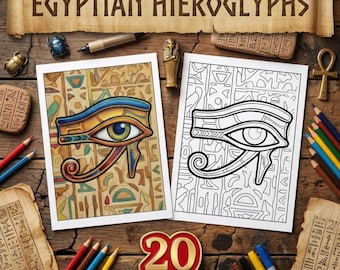 Egyptian Hieroglyphs Coloring Pages for Adults - Ancient Egypt Gods, Pharaohs, and Historical Symbols Digital Download Collection