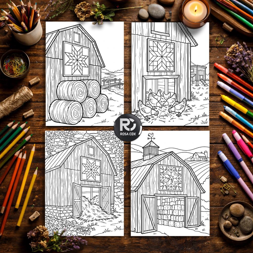 Rustic Barns Coloring Pages for Adults, Country Farm Landscape Coloring ...