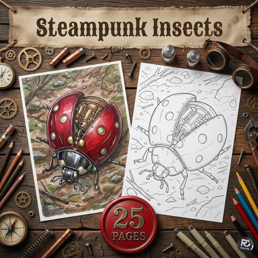 Steampunk Insects Coloring Pages, Mechanical Bug Art, Digital Download ...