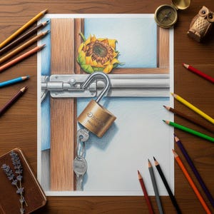 Könnte beinhalten: Eine Buntstiftzeichnung einer Tür mit einer Sonnenblume, einem Vorhängeschloss und Schlüsseln. Das Vorhängeschloss ist goldfarben und trägt die Aufschrift "PADLOCKS". Ein Kompass, eine Eulenfigur und Buntstifte umgeben die Zeichnung.