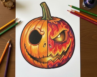 Página para colorear de Jack-O-Lantern con dos caras, arte de calabaza de Halloween (PNG, PDF)