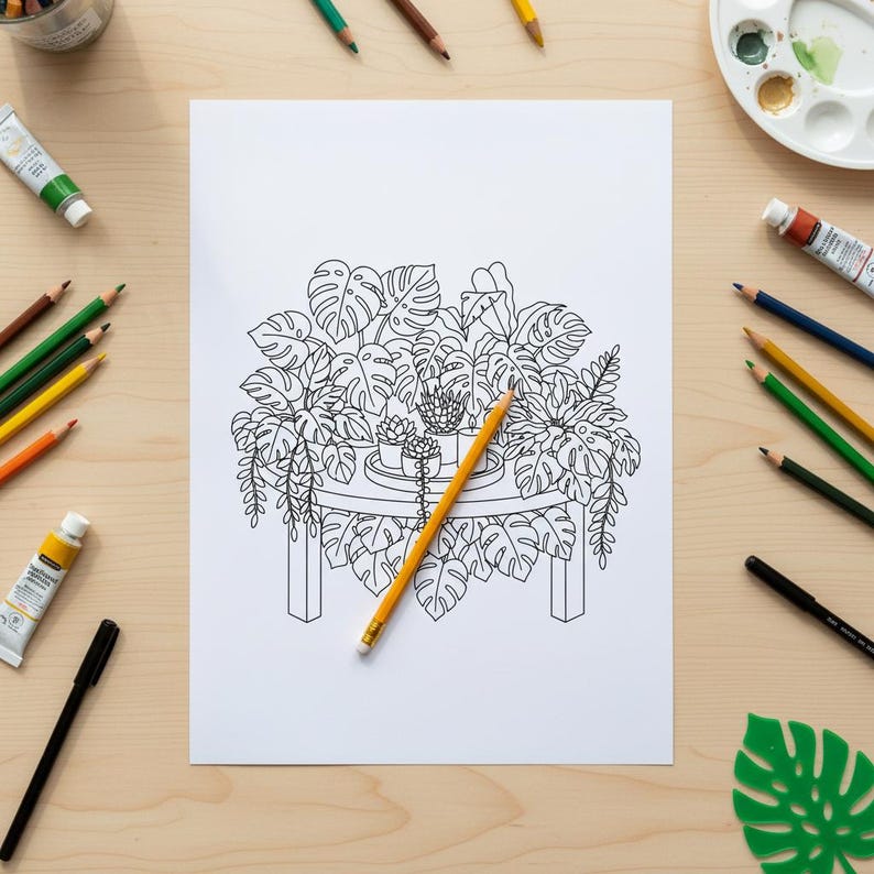 Op de afbeelding: Een zwart-wit lijntekening van een tafel met planten, waaronder monstera bladeren en vetplanten, is gecentreerd op een wit vel papier. Een gele potlood ligt op de tekening. Kleurpotloden, verftubes en een palet omringen het papier op een houten oppervlak.