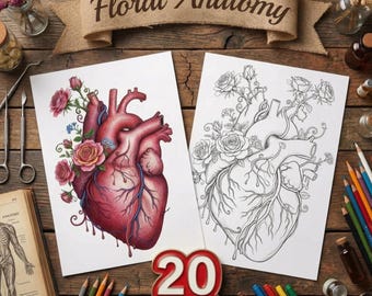 Anatomie Bloemen Kleurplaten Volwassen Kleurboek Afdrukbaar Menselijk Hart Hersenen Lijntekeningen Digitale Download PDF PNG Medisch student cadeau