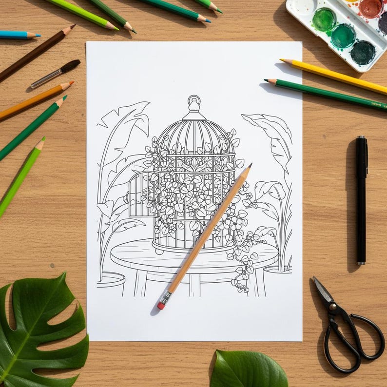 Op de afbeelding: Een zwart-wit lijntekening van een vogelkooi gevuld met planten, op een kleine tafel. Een potlood ligt op de tekening. Kleurpotloden, een aquarelpalet, een zwarte pen en een schaar omringen de tekening op een houten oppervlak.