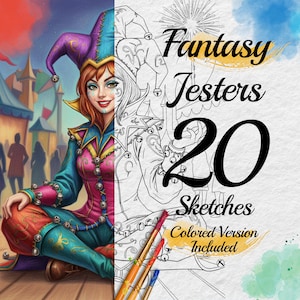 20 kolorowanek z błaznem. Kolorowanka dla dorosłych. Do druku. Cyrk. Klaun. Rysunek. Cyfrowe pobieranie. Karnawałowy portret fantasy. PNG.