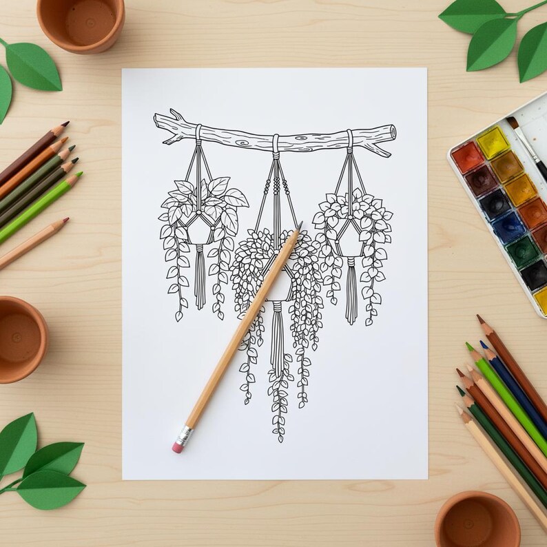 Op de afbeelding: Zwart-wit lijntekening van hangplanten in macram&eacute;hangers. Een potlood ligt op de tekening, omringd door kleurpotloden, aquarelverf, kleine terracotta potten en papieren bladeren op een licht houten oppervlak. De tekening toont drie potplanten.