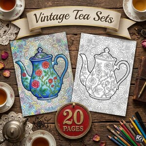 Desenhos para colorir de conjuntos de chá vintage para adultos - Coleção digital para impressão com 20 páginas detalhadas de desenhos de festa do chá.