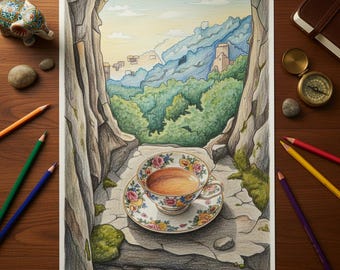 Página para colorear de taza de té con flores: Vista del acantilado, relajación rústica (Descarga digital PNG y PDF)